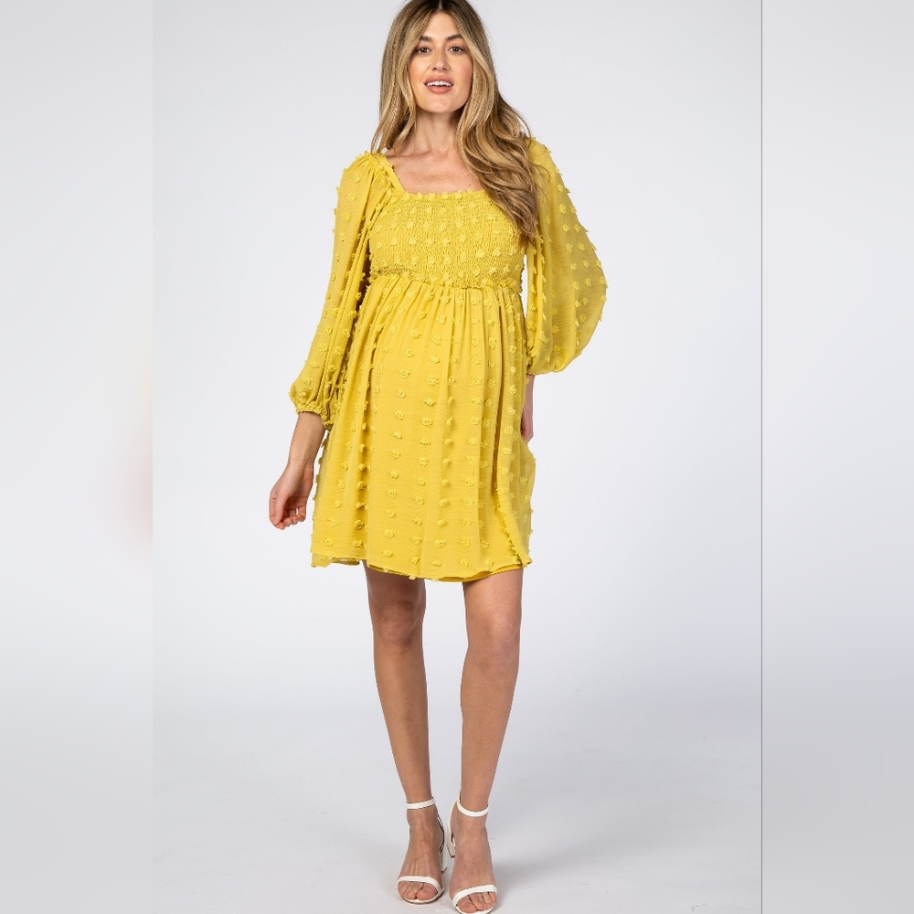 NWT ✨️ Maternity Yellow Textured Dot Square Neck Chiffon Dress